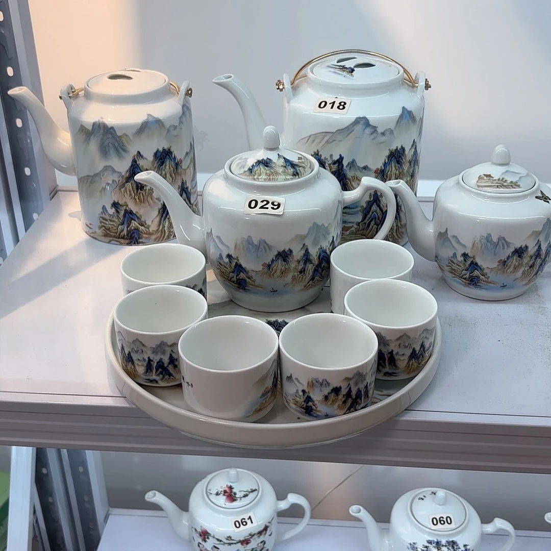 壶陶瓷千里江山图侧把壶➕六个杯子➕茶盘
