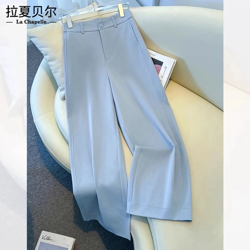 拉夏贝尔轻奢流行窄版蓝色西装阔腿裤女春夏宽松显瘦直筒裤子