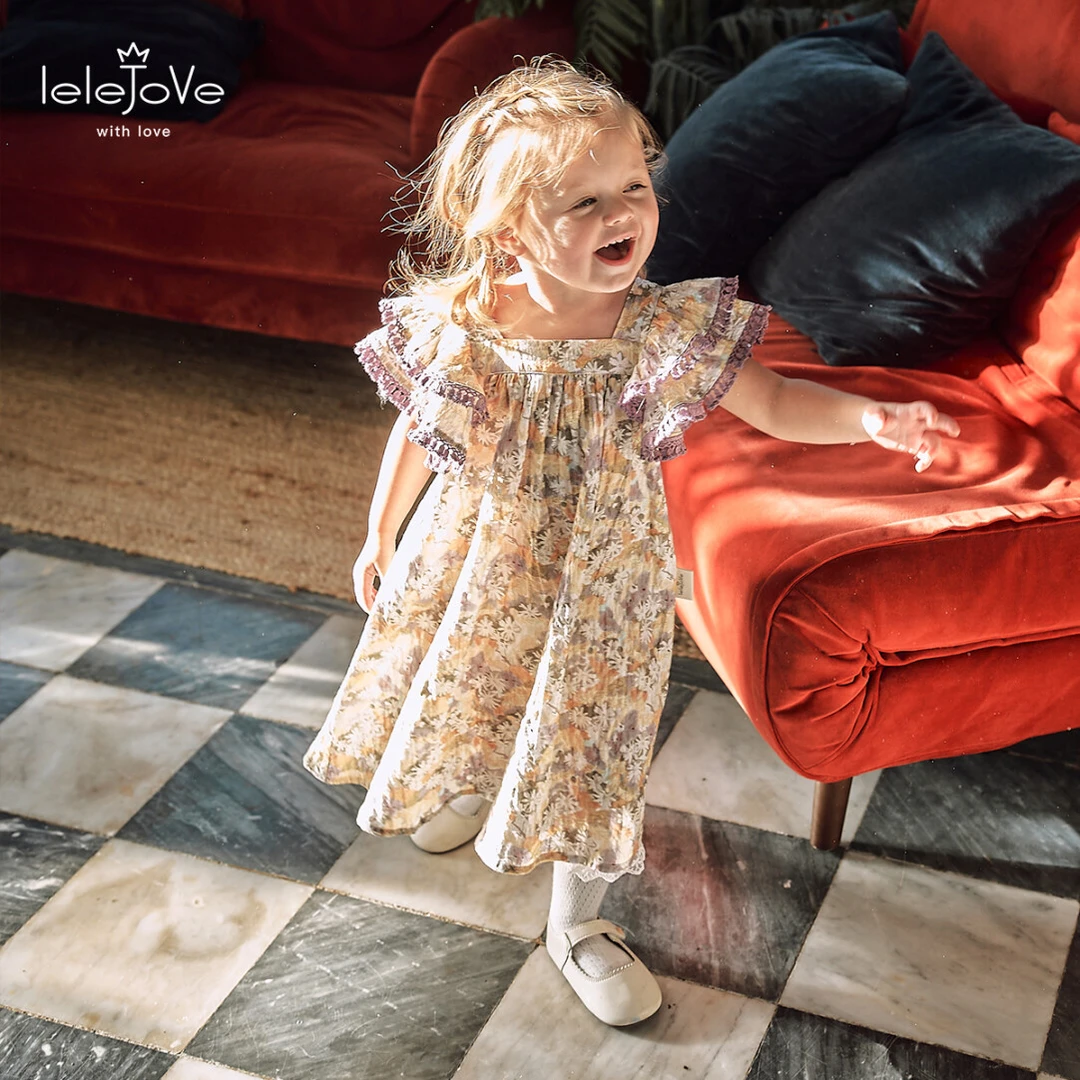 lelejove北欧风女宝夏季小飞袖公主裙度假风碎花连衣裙5AS37980