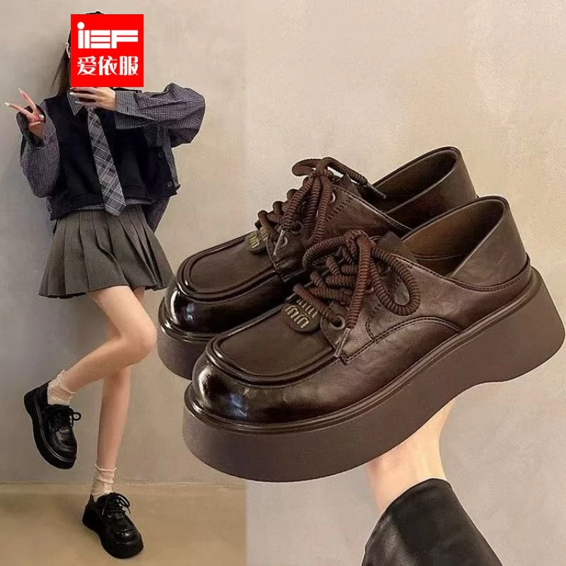 IEF/爱依服2025春季新款真皮厚底乐福鞋女百搭学院黑色单鞋系带英