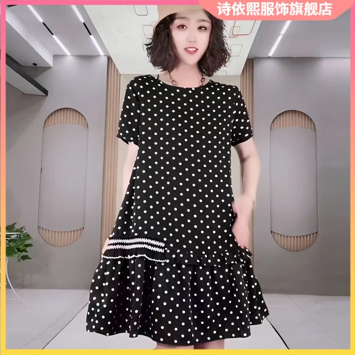 1宽松黑色点点连衣裙女2025夏季洋气减龄遮肚子显瘦中长款裙子lI