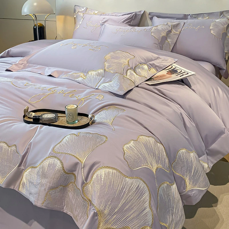 水星高端适用家纺轻奢唯美高支纯棉长绒棉春秋季紫色床上四件套被