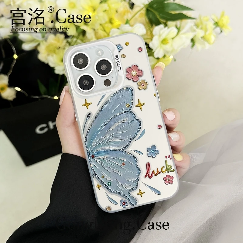 油画半只蝴蝶花彩银壳适用于iPhone苹果16手机壳华为oppo小米手机