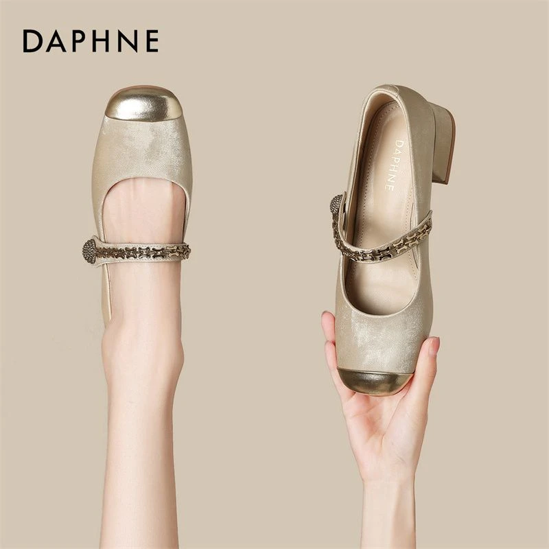 达芙妮官方正品夏季气质浅口高跟鞋欧若风皮鞋软底粗跟玛丽珍单鞋