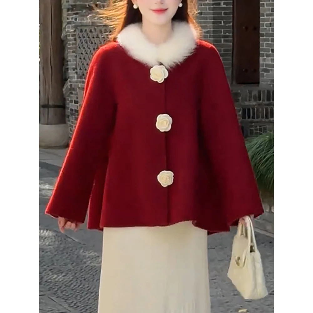 时尚优雅气质千金风红色大衣女装2026冬季新款高级感宽松毛呢外套