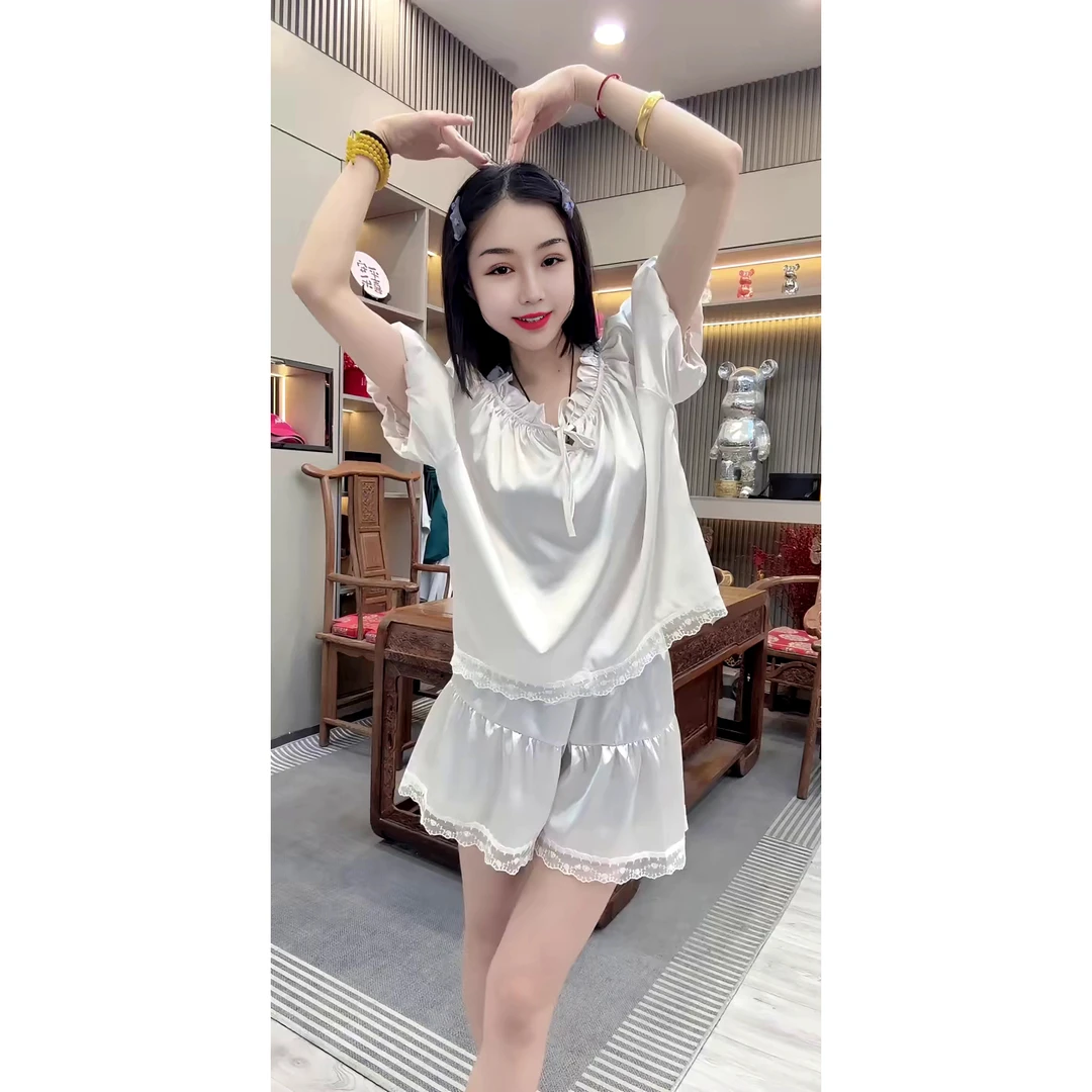 夏款甜美短袖短裤泡泡袖蕾丝边睡衣家居服套装