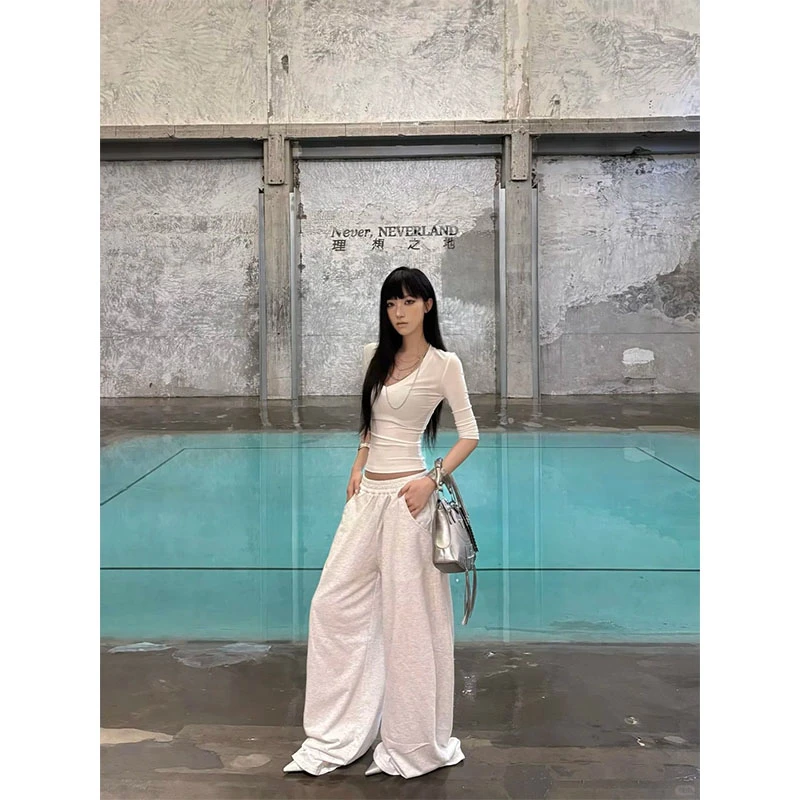 白色圆领修身上衣美式辣妹运动裤女夏宽松显瘦慵懒卫裤直筒休闲裤