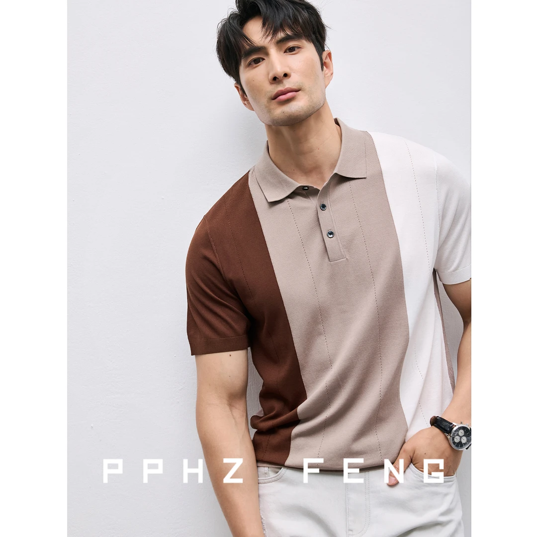 时尚渐变撞色竖条纹冰丝弹力冲孔夏休闲商务翻领针织设计师款男装