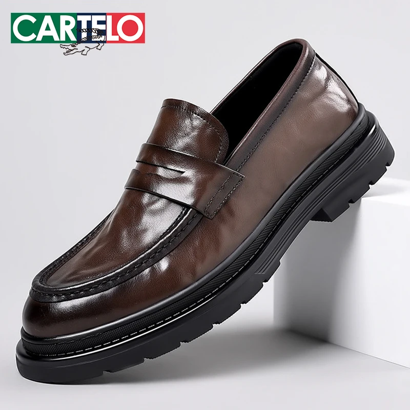 CARTELO/卡帝乐鳄鱼男鞋真皮牛皮加绒软底防滑男士休闲皮鞋乐福鞋