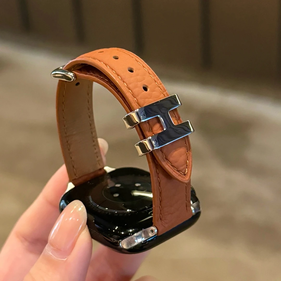 金属H形套扣荔枝纹苹果手表表带适用于Apple Watch10iwatch11SE89