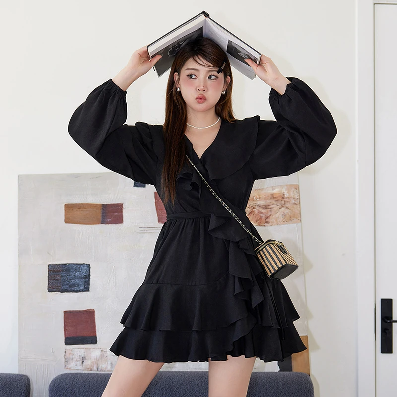 微胖mm荷叶边碎花连衣裙设计感法式小个子气质D0408