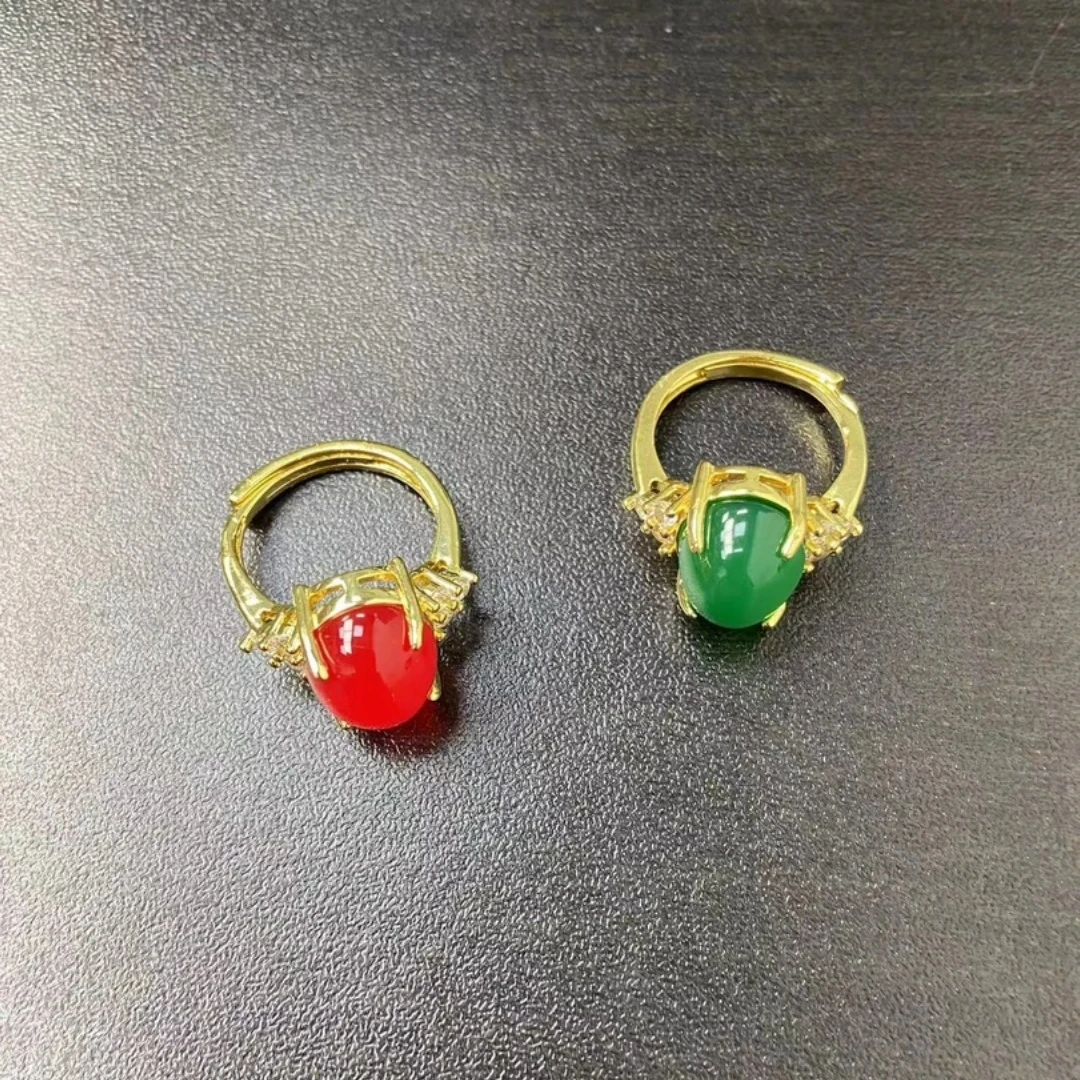 [两件套女戒]鸽血红+苍翠欲滴荧光绿开口豪华镶嵌玛瑙合金戒指