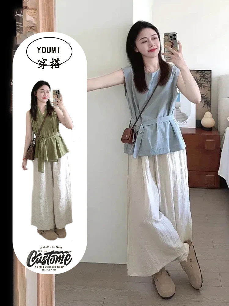 大方得体穿搭一整套2025夏季新款无袖收腰上衣阔腿裤洋气两件套女