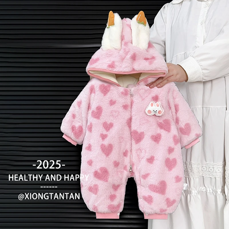 婴儿秋冬季连体衣新生女宝宝加绒连帽外套婴幼儿外出保暖冬装爬服