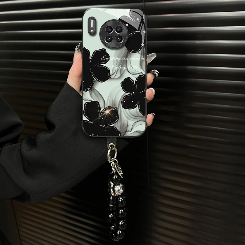 适用【华为mate30epro】钛灰电镀玻璃壳水墨花ins风网红手机壳女款