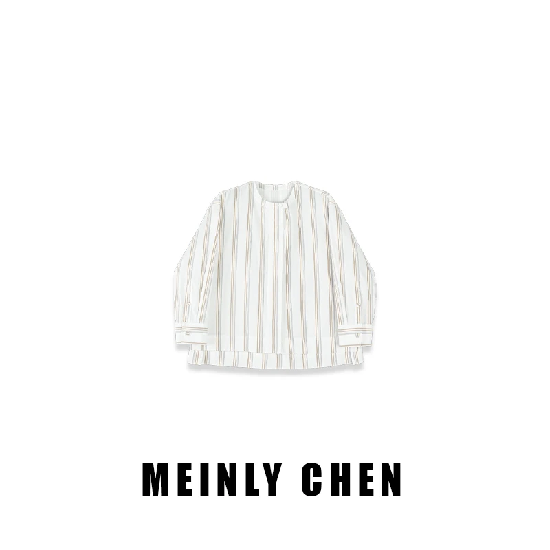 【MEINLY  CHEN】【咖条纹】高端设计师款条纹休闲圆领衬衫8250185