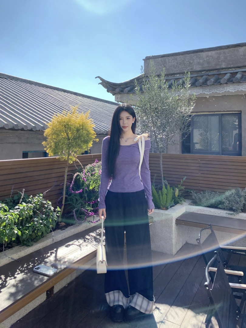 【超模裤】甜辣多多2025春款仿牛仔格子拼接撞色设计感阔腿裤长裤女