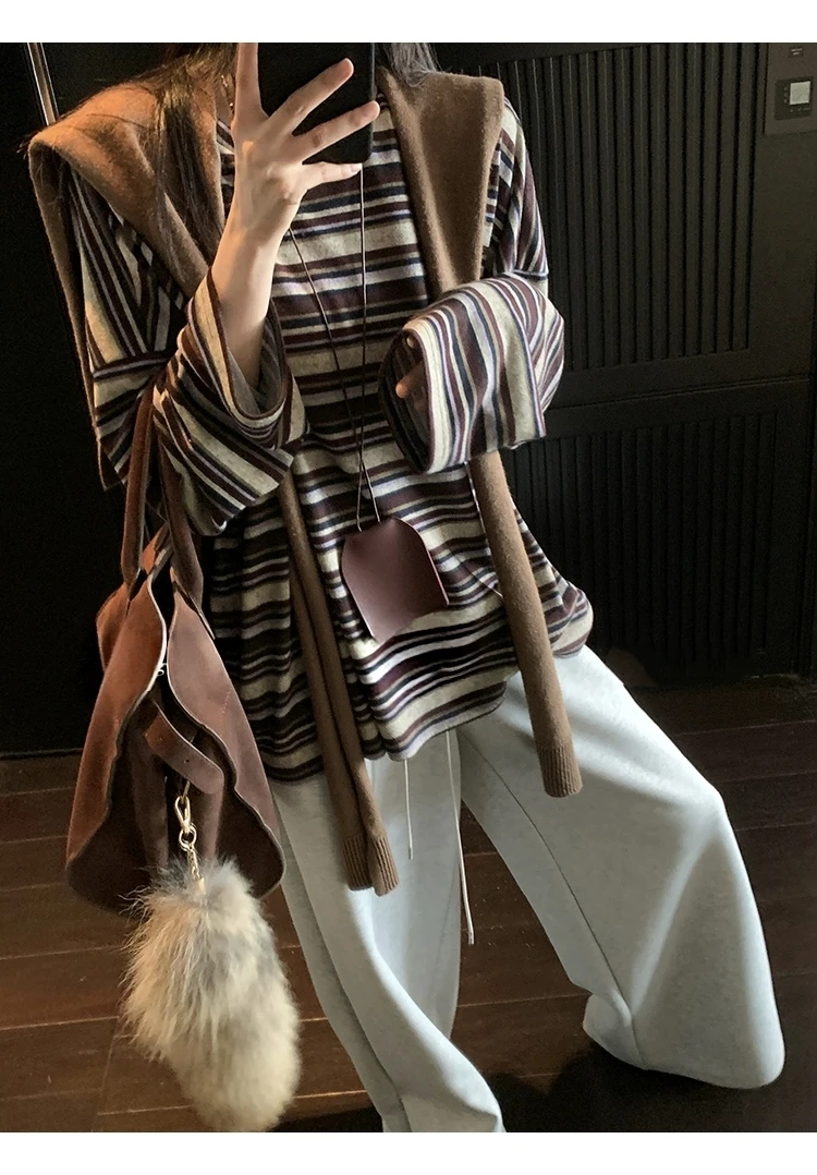 花生酱  条纹针织长袖T恤女秋季圆领内搭打底衫宽松复古慵懒上衣