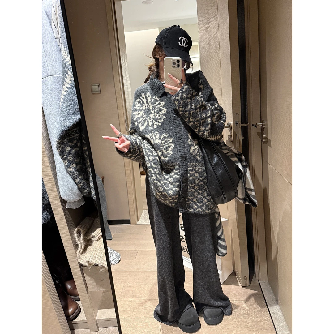 翻领费尔岛毛衣开衫女2025秋冬新款宽松慵懒加厚针织外套休闲上衣