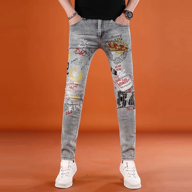 One What高端印花裤子男夏季薄款休闲弹力男士牛仔裤修身小脚长裤