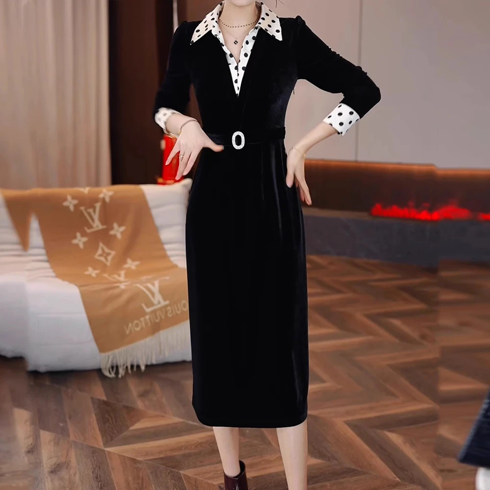 拼接波点高端精致连衣裙女装2025春季新款修身温柔显瘦中长款裙子