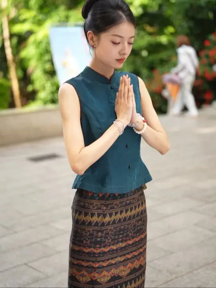 早秋小众设计感别致绝美气质衬衫新中式国风蓝色上衣半身裙套装女