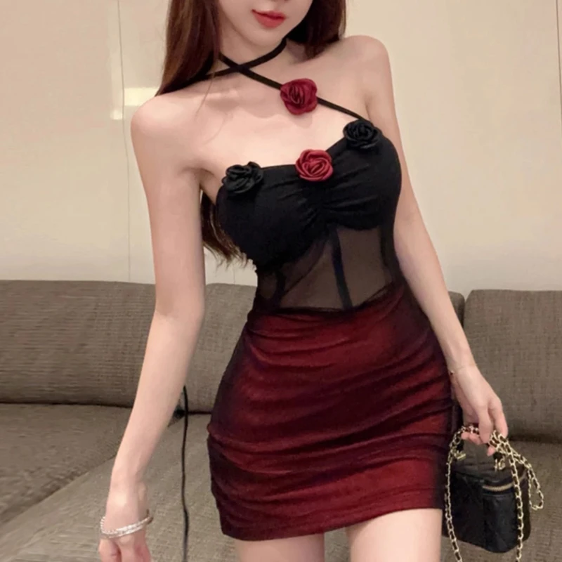 2025法式新款时尚辣妹紧身包臀裙显瘦花朵挂脖露背网纱连衣衬衫裙