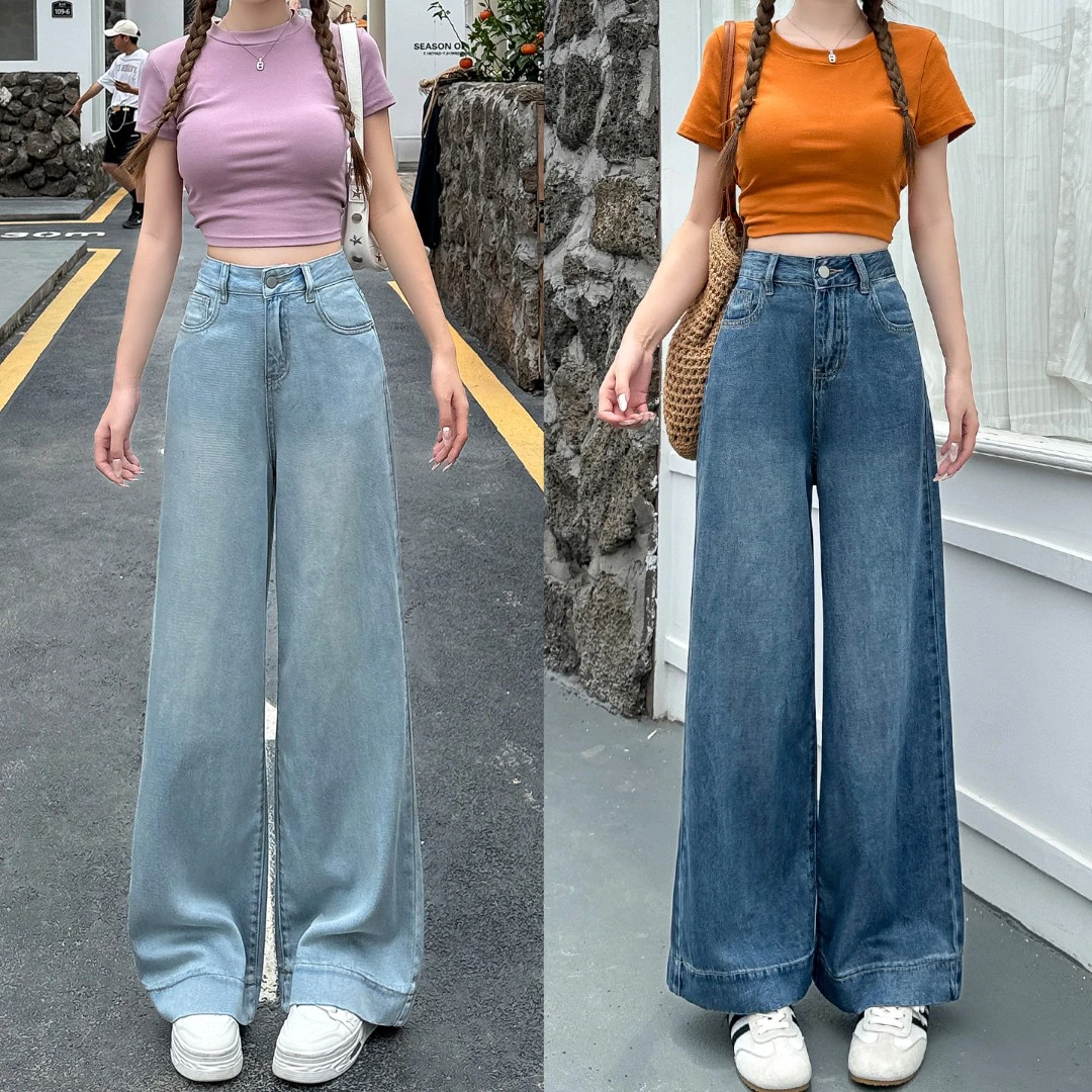 小个子牛仔裤女夏季薄款韩版窄版阔腿裤垂感宽松百搭显瘦直筒长裤