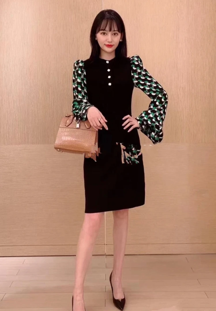 95新 LouisVuitton/路易威登  cc491 棉羊毛 拼接泡泡长袖连衣裙s
