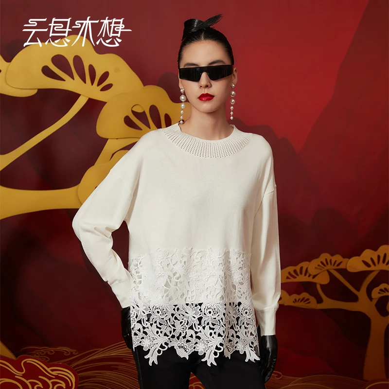 Ysimo-X云思木想 花影月溶 领口镂空水溶蕾丝花边毛针织衫12714