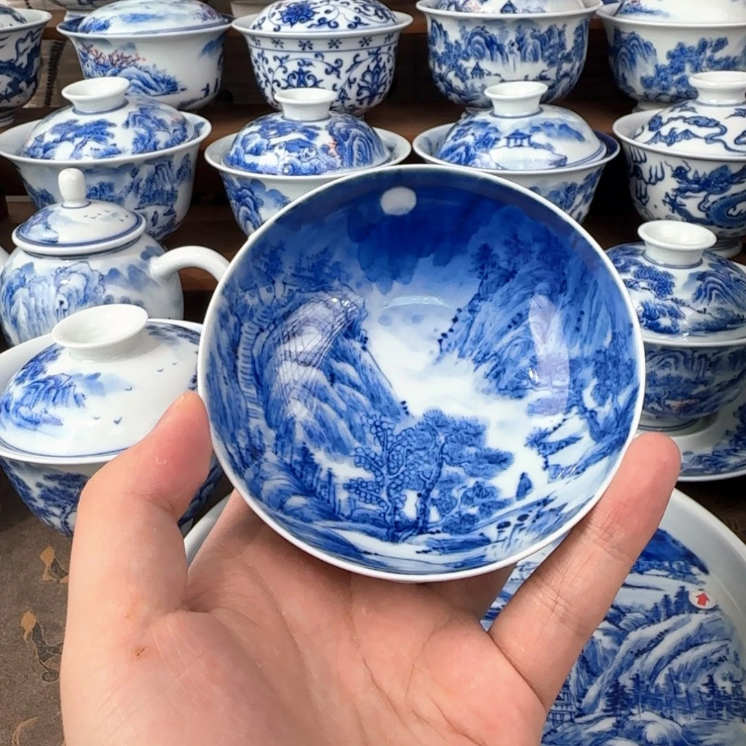 微瑕手绘山水夜景普洱杯