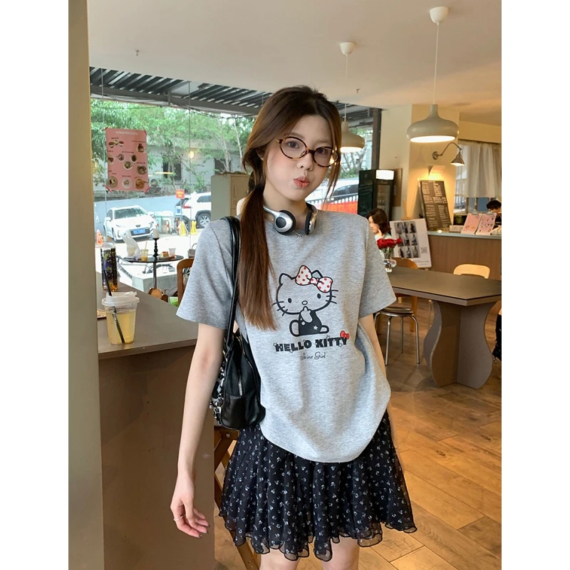 乌77韩系少女感卡通印花短袖T恤女2025夏季宽松休闲百搭圆领上衣