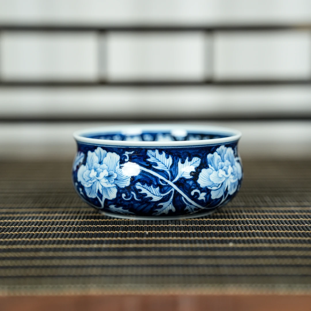 【墨舍柴窑】预售 墨舍柴窑蓝地牡丹平底大炉式杯 moshe60景德镇