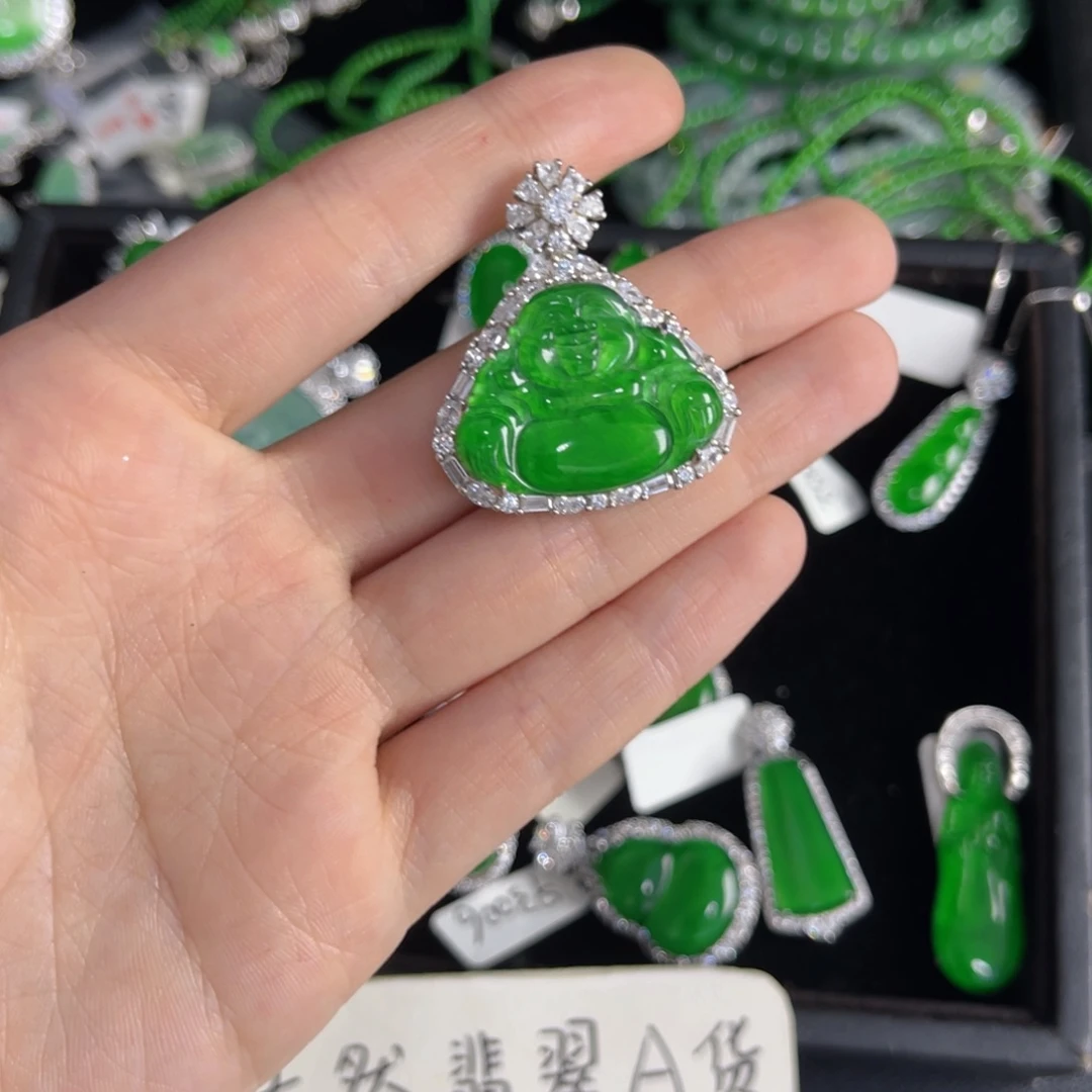 翡翠银S925镶嵌戒指佛公吊坠