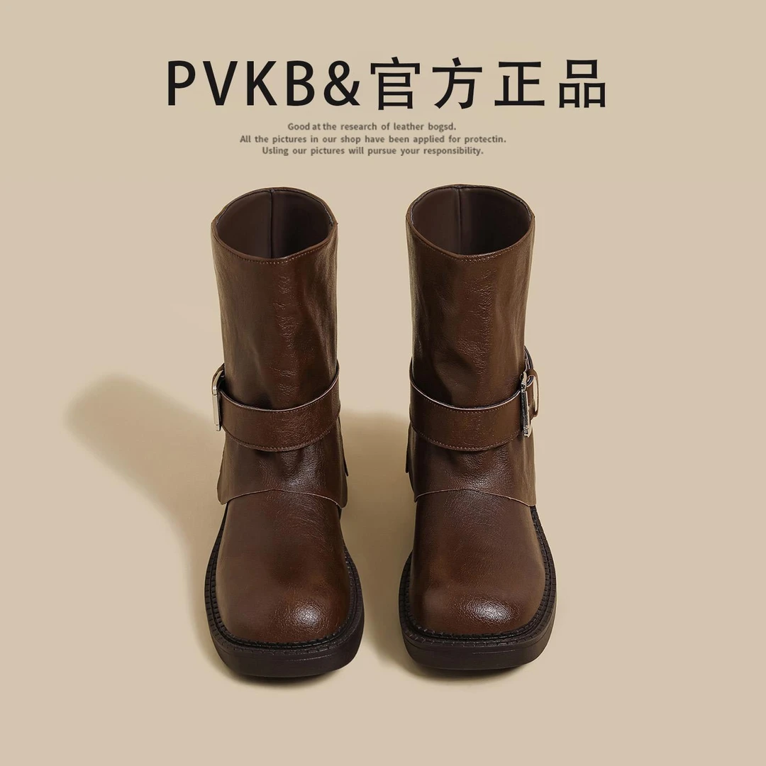 轻奢多巴胺靴子女款爆款2025新款绒皮带扣马丁靴西部骑士机车靴子