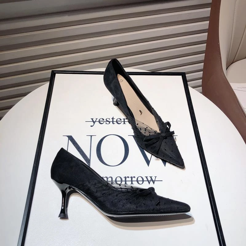 6cm高跟鞋韩版新款气质名媛蝴蝶结蕾丝尖头细跟单鞋百搭礼服鞋女.