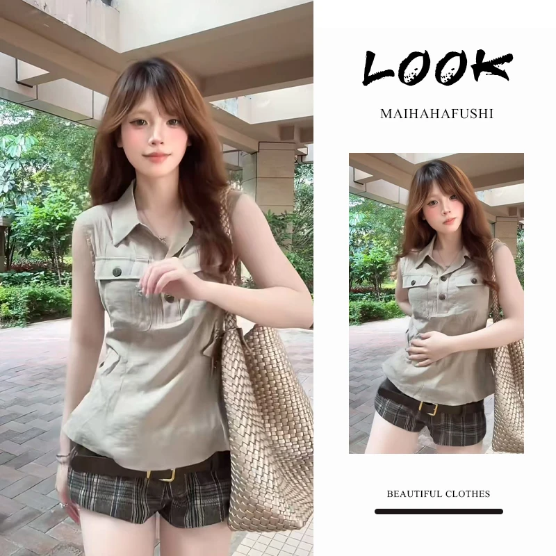 夏季时尚一整套女装2025新款复古工装口袋无袖上衣格子短裤两件套