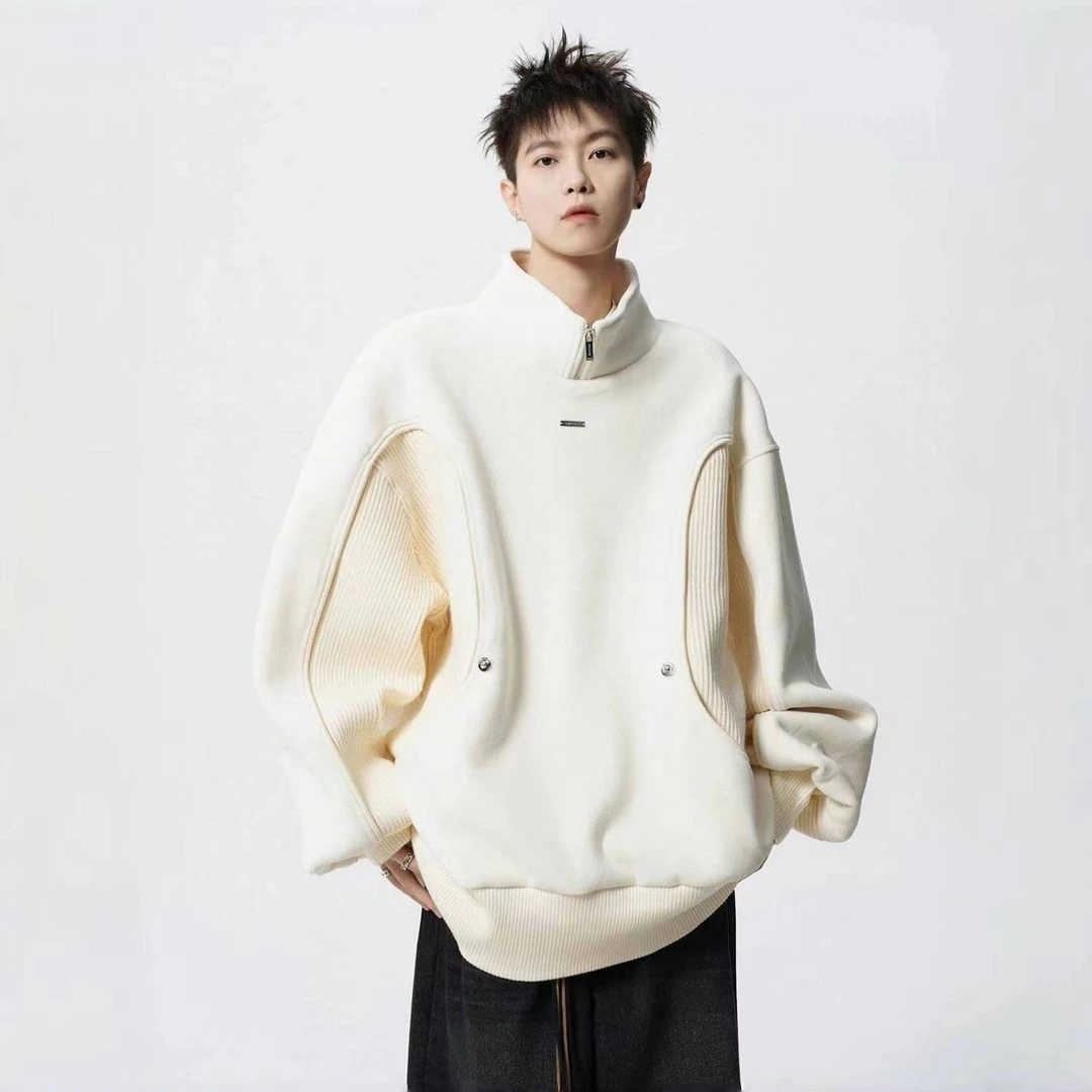 美式复古设计感半拉链立领卫衣男秋冬季oversize高街帅气上衣外套