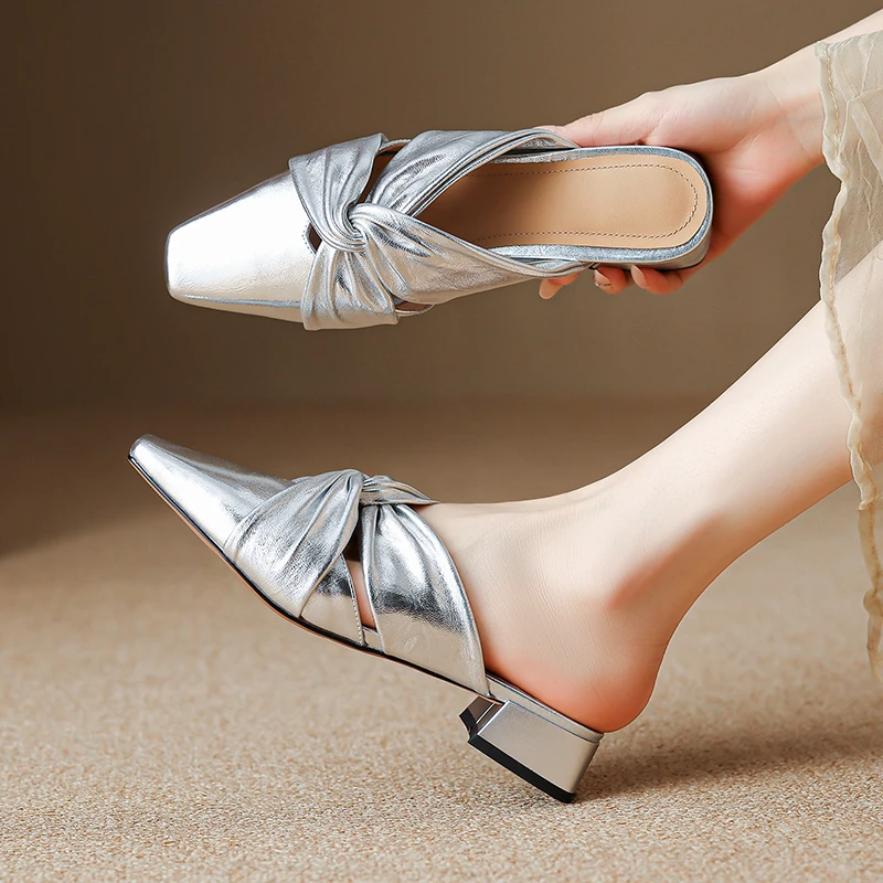 3cm法式绝美包头半拖鞋女夏外穿超软羊皮穆勒鞋银色配裙子凉拖鞋