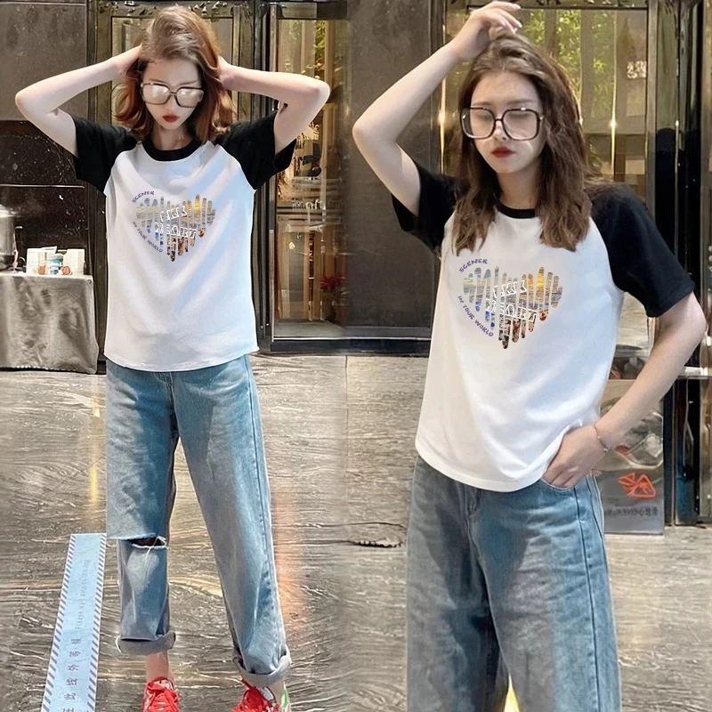 撞色爱心印花纯棉短袖t恤女2025夏季新款宽松韩版插肩圆领上衣ins