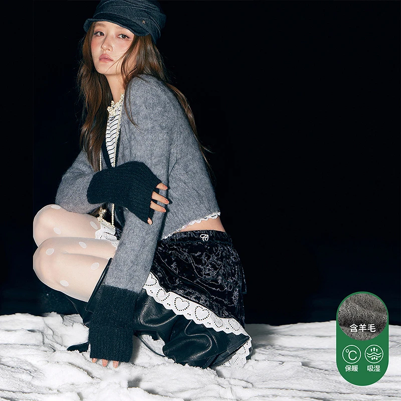 CHUU冬季女装蕾丝拼接设计撞色毛绒开衫含羊毛穿搭气质针织衫