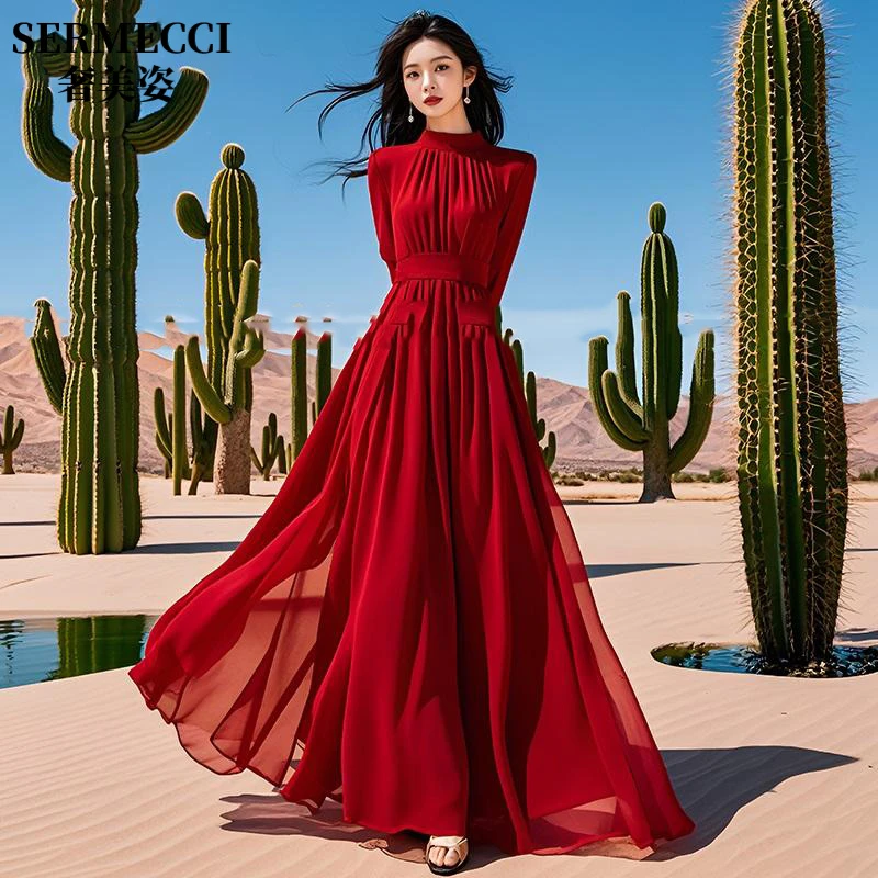 2025新款女装红色高个子长袖连衣裙海边沙滩度假大摆长款长裙