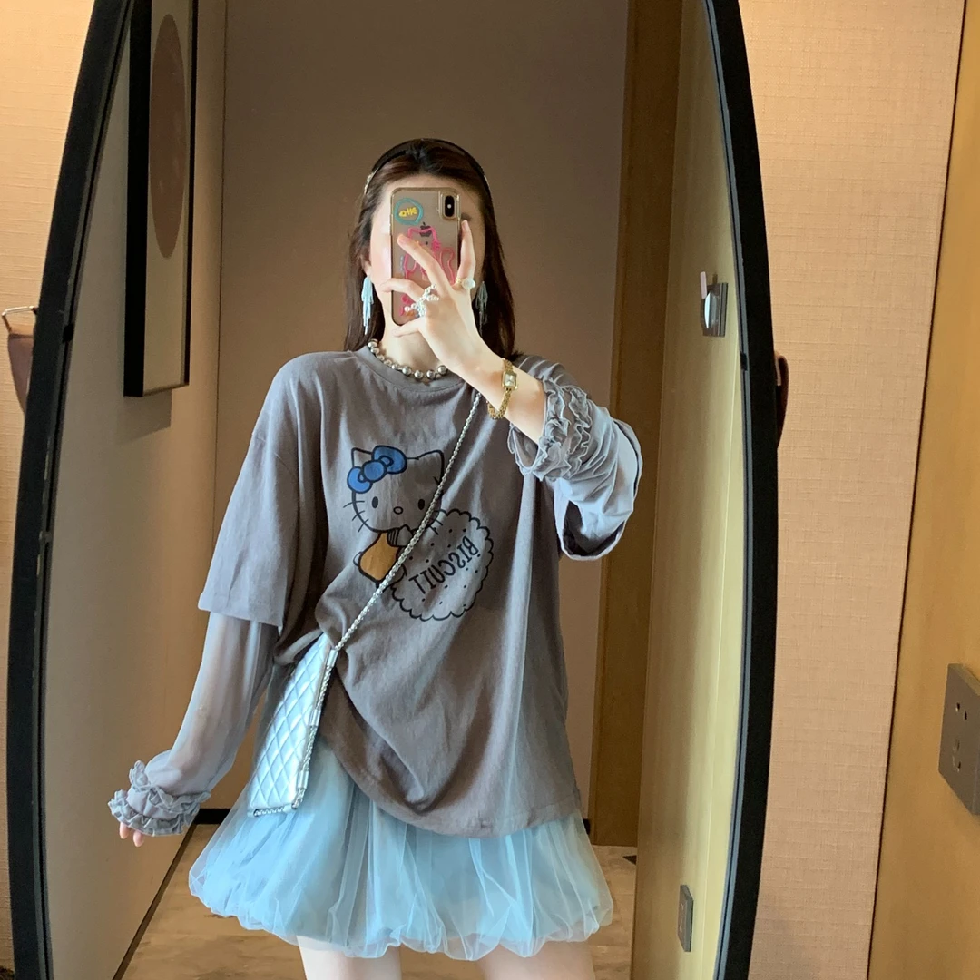 长袖KT猫卡通甜美拼接网纱木耳边T恤萝莉风宽松百搭上衣