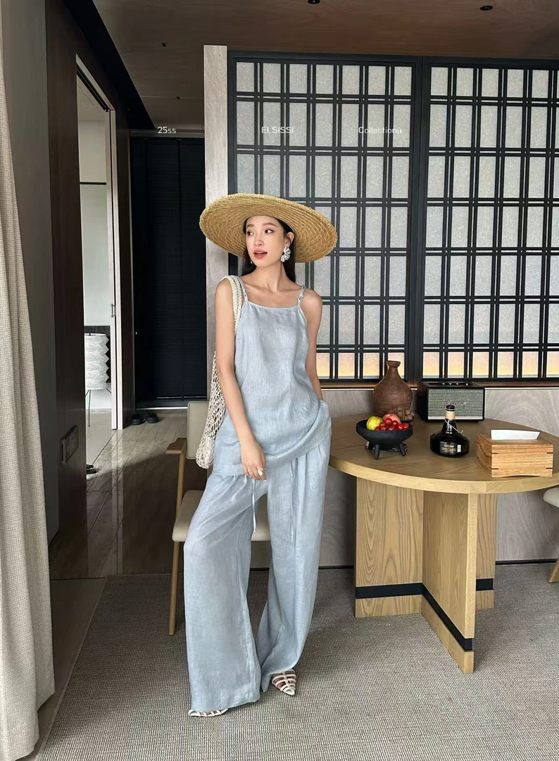 ELSISSI夏装高级松弛感独特漂亮休闲白色亚麻上衣裤子两件套装女