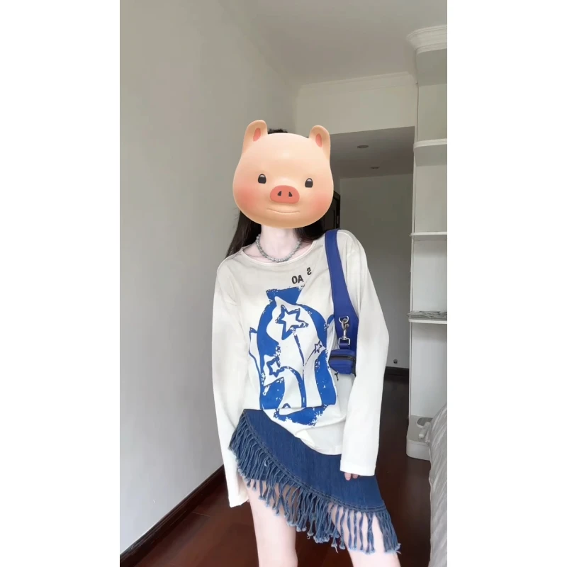 梦优莱酷飒风高级感字母印花圆领长袖T恤女夏季宽松显瘦防晒罩衫