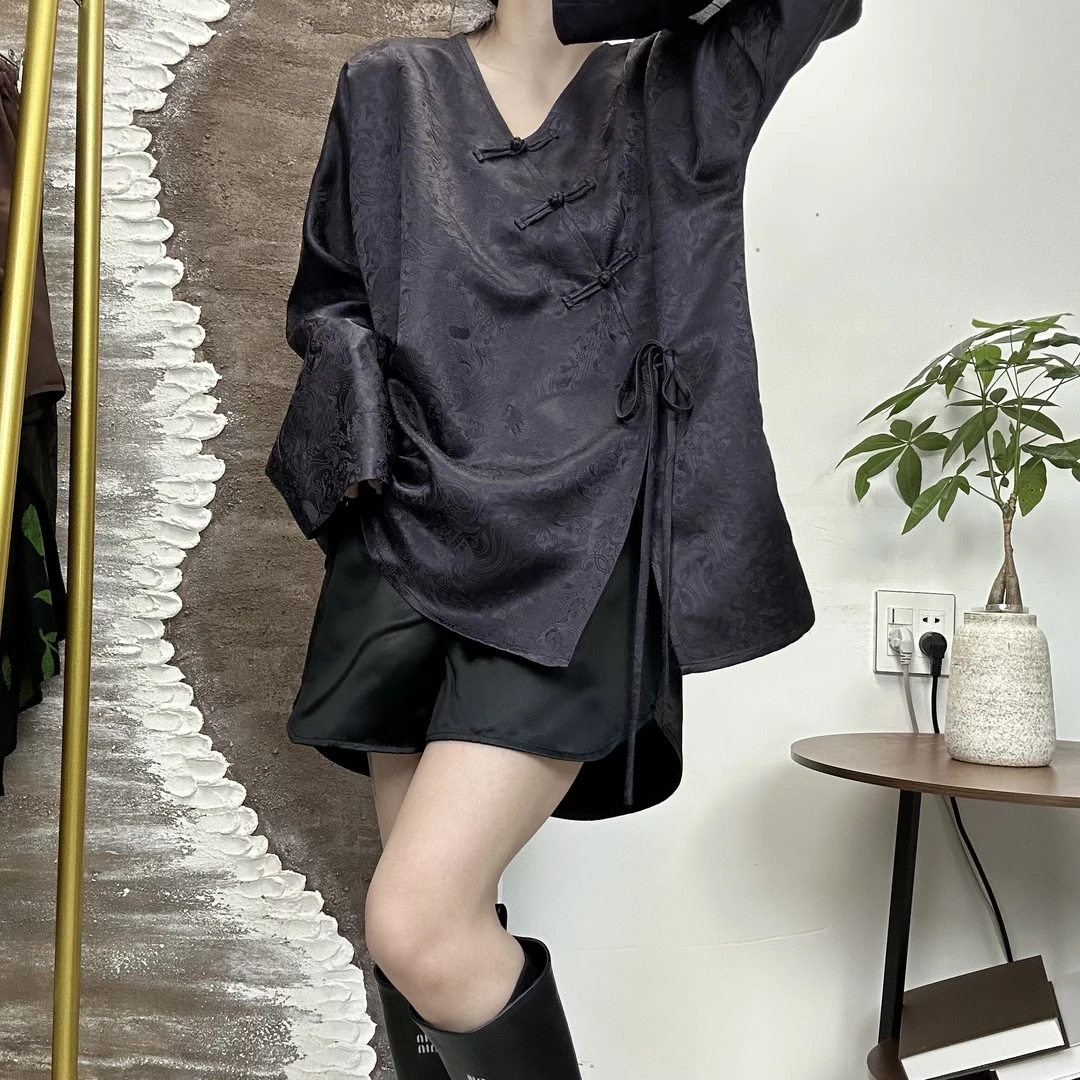 【皮子V领毛衫】长袖慵懒风上衣香云纱100桑蚕丝