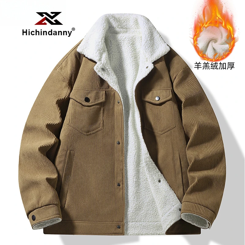 HICHIN加厚灯芯绒运动夹克男秋冬加绒重磅保暖羊羔绒休闲翻领茄克