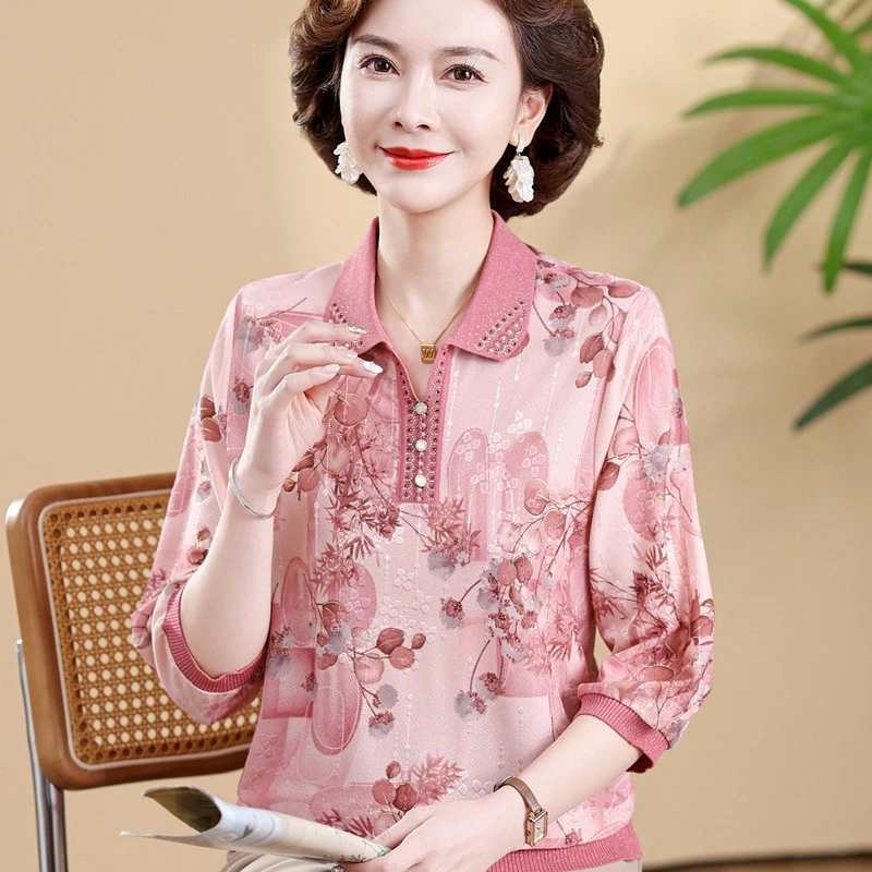 妈妈春装上衣时尚翻领印花小衫新款中老年女七分袖冰丝T恤打底衫