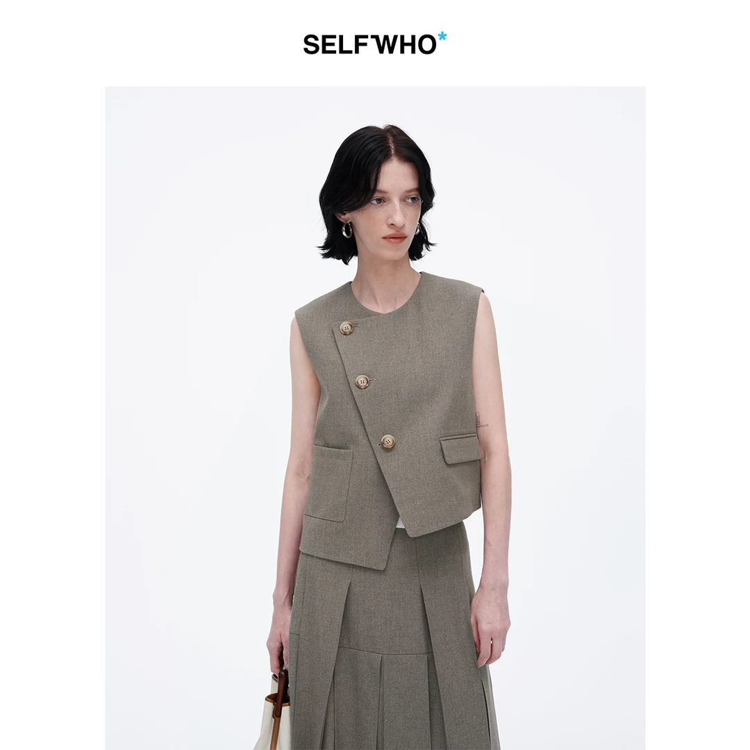 【沈月同款】SELFWHO不规则背心马甲女秋季新款通勤高级感马夹套装