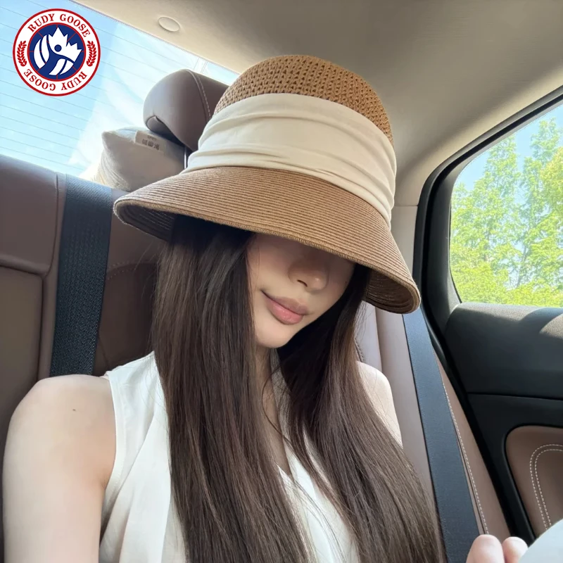 RUDY GOOSE度假风手钩镂空织带夏季透气防晒草编渔夫帽女遮阳帽子